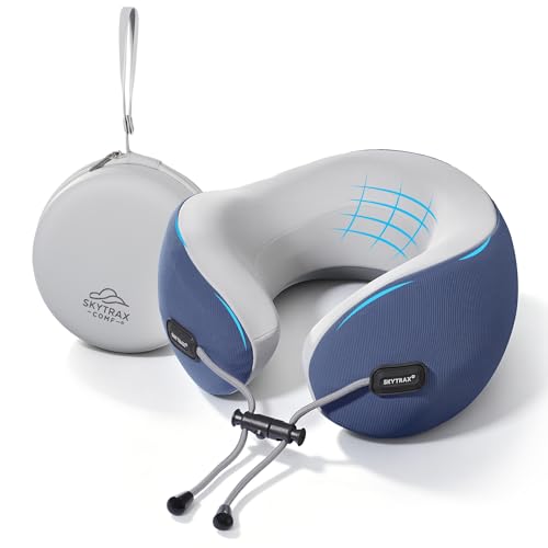 SKYTRAX COMF® Premium Ergonomic Memory Foam Travel Neck Pillow, Washable Cooling Ice Silk Cover, Firm Neck Support for Airplane Long Flights & Pain Relief, with Portable Carry Case (Navy Blue) - color: Navy Blue