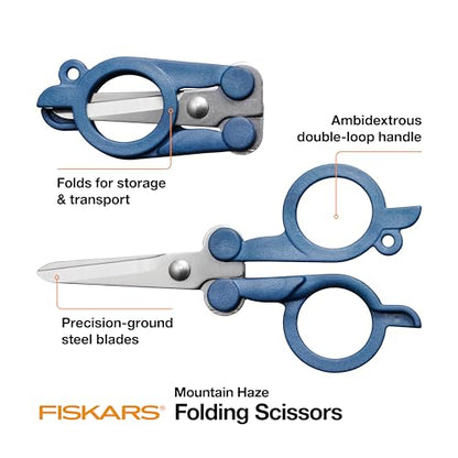 Fiskars Travel Folding Scissors, TSA-Compliant, Compact and Portable for Crafting and Quick Snips, Stainless Steel Blades, Explore Collection, Mountain Haze