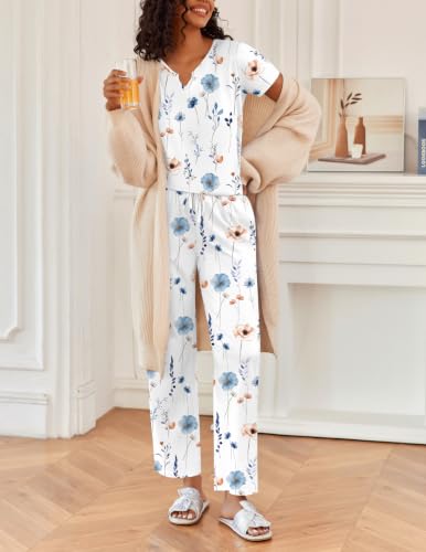 Ekouaer 2 Piece Womens Pajamas Short Sleeve Top and Long Pants Pjs Set Printed Sleepwear with Pocket - color: Elegant White and Blue Flowers, size: Small