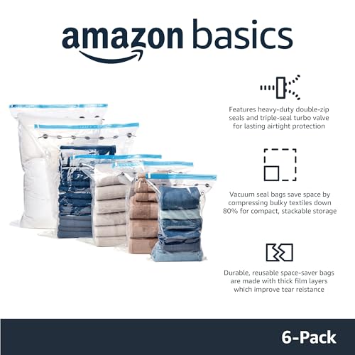 Amazon Basics Vacuum Storage Bags for Clothes, Space Saving Compression Storage Bags with Hand Pump, Heavy Duty, Stackable, Jumbo Size, Clear, 6-Pack - size: Jumbo