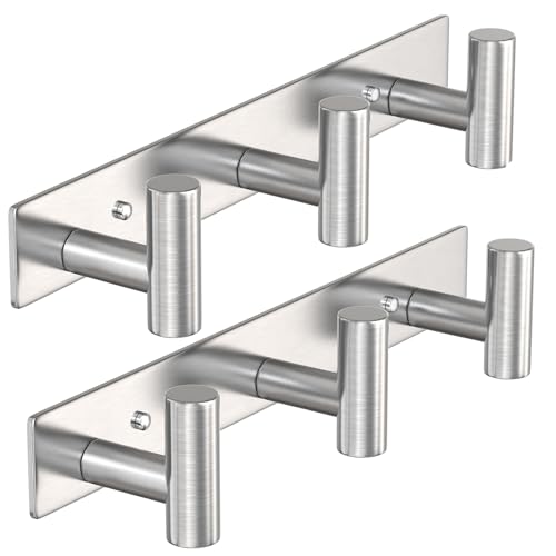 VAEHOLD Silvery Hat and Coat Wall Mount Rack - 3 Hooks for Robes, Bags, Keys, and Towels - Bathroom Towel Hanger Organizer (2 Pack) - color: Silver, size: “T“ Shape 3 Hooks 2 Pack