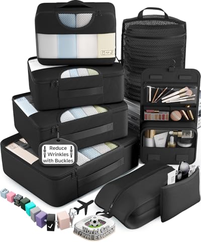 Veken 10 Set/8 Set Packing Cubes for Travel Essentials,Anti-Wrinkle Buckled Suitcase Organizer for Shoe & Toiletry Bag,Carry On Luggage Bag for Airplane & College Dorm Room Accessories,Women Men Gifts - color: 01 Black