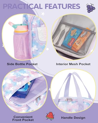 Butterfly Pattern Kids Lunch Bag with Adjustable Shoulder Strap Keeps Food Hot or Cold 5L Capacity Side Water-bottle Holder Waterproof Toddler Insulated Lunchbox for School Travel Picnic - color: Butterflies