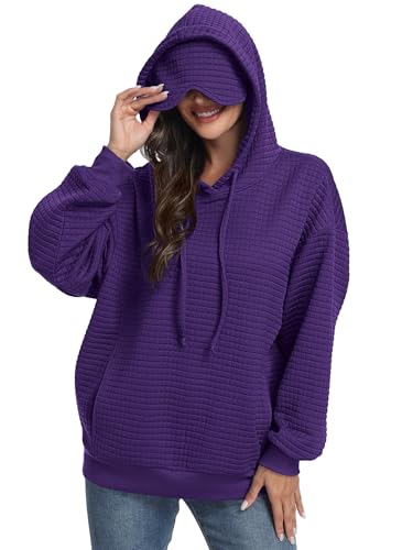 SeSe Code Hoodie With Eye Mask Waffle Hooded Sweatshirts Womens Travel Airplane Sleep Hoodies Mens Oversized Pullover - color: Purple, size: Medium