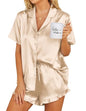 Ekouaer Womens Satin Pajamas Set Button Down 2 Piece Silk Pjs Shorts Set Ruffle Lingerie Notch Collar Sleepwear - color: Champagne, size: XX-Small