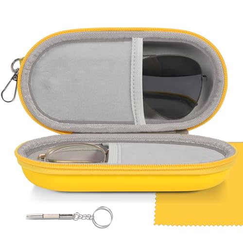 Double Glasses Case,Dual Eyeglasses & Sunglasses Organizer with Clip Zipper Closure for Travel 2 Pairs Storage Box - color: Yellow