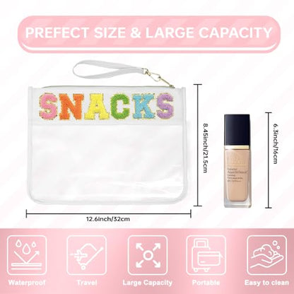 Siwara Snack Bags Clear Pouch Travel Makeup Bag Chenille Letter Bags for Zipper Pouch Clear Cosmetic Bag Clearly Tote Bag Makeup Travel Bags for Women - color: White--Snack