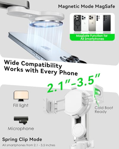 CloudValley Magnetic Selfie Stick & Mini Tripod, 360° Rotation Extendable Handheld Stabilizer/Camera Grip with Remote, 5 in 1 Portable Phone Stand for iPhone/Android, Travel Vlog, Live Stream, White - color: White