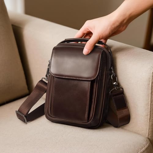 Augus Leather Small Messenger Bag For Men Crossbody Handbag Shoulder Sling Travel Bags for Men Purse Daypack Magnetic Buckle - color: Coffee
