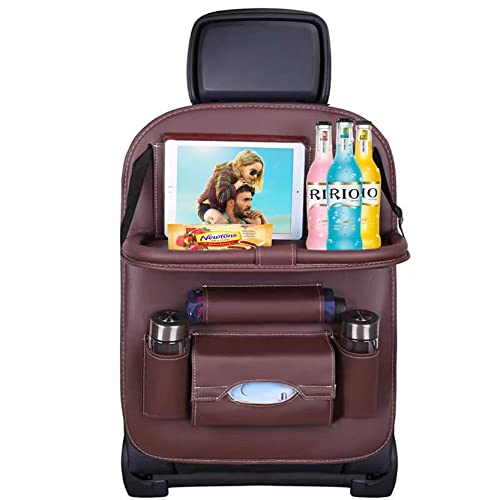 Premium PU Leather Backseat Seat Organizer with Foldable Table, Multi-Storage Pockets and Adjustable Buckle Strap for Automobiles - color: Brown, size: 1 Pack
