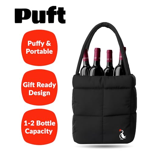 PUFT Puffer Wine Tote Bag – Insulated Wine Bottle Carrier for Bottles – Trendy Quilted Wine Bag - color: 4 Bottles Black