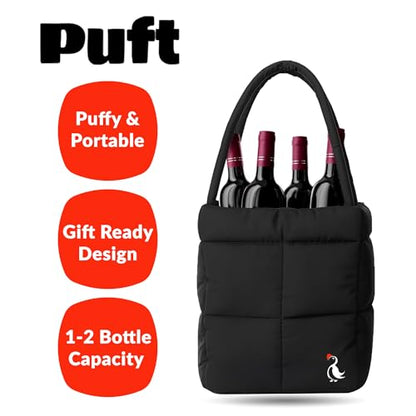 PUFT Puffer Wine Tote Bag – Insulated Wine Bottle Carrier for Bottles – Trendy Quilted Wine Bag - color: 4 Bottles Black