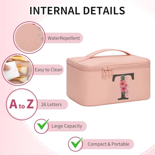 OCHEAL Initial Makeup Bag,Monogram Make up Bag Pink Travel Makeup Organizer Case Beauty Toiletry Cosmetic Bag with Brush Holder, Trendy Stuff Personalized Gifts for Women and Girls-T - color: Pink, style: T