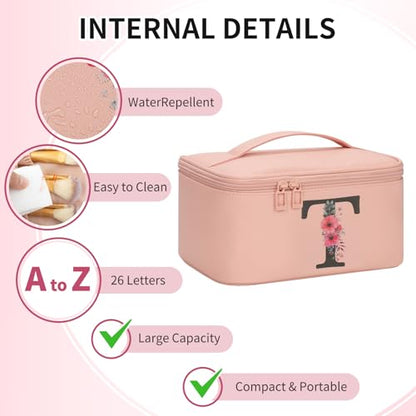 OCHEAL Initial Makeup Bag,Monogram Make up Bag Pink Travel Makeup Organizer Case Beauty Toiletry Cosmetic Bag with Brush Holder, Trendy Stuff Personalized Gifts for Women and Girls-T - color: Pink, style: T