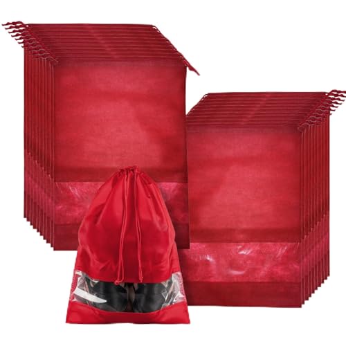 20 Pack Shoe Bags for Travel, 17" x 12.6" Drawstring Shoe Organizers with Clear Window, Breathable Non-Woven Dustproof Pouches for Luggage & Closet (Red) - color: Red