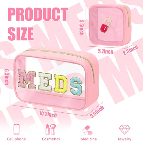 BuyCard 2 Pcs Medicine Chenille Letter Bag Preppy Clear Makeup Meds Pouch for Travel Nylon & PVC Transparent Cosmetic Bag Preppy Patch Toiletry Storage for Women Girls Pink - color: MEDS-Pink, style: 2 Pcs-clear