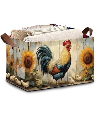 Retro Rooster Storage Basket with Handles,Chicken Sunflower Collapsible Rectangle Organizer Bin for Room Decoration Books Box Baskets 17x11.5x10Inch - color: Retro Rooster Chicken Sunflower