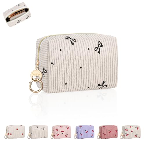 Mini Makeup Bag, Corduroy Small Cosmetic Bag for Purse with Ring Buckle, Travel Makeup Pouch for Lipsticks, Chapsticks, Coin, Earphone, Credit Card (Dots+Bow) - color: Bow Dots-Beige