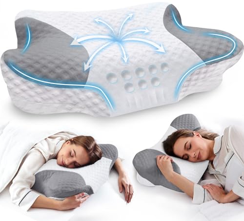 Cervical Neck Pillows with Memory Foam - Neck Pillows for Pain Relief Contour Memory Foam Pillows Ergonomic Neck Support - Adjustable Orthopedic Bed Pillows with Breathable Pillowcase for Sleeping - color: White Grey, size: Standard