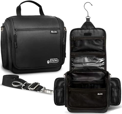 Extra Large (11.8”x11.8”x4”) Hanging Travel Toiletry Bag for Men and Women - Cosmetic Travel Bag With Shoulder Strap - Waterproof Hygiene Bag with Metal Swivel Hook and 19 Compartments for Toiletries - color: XXL Jet Black