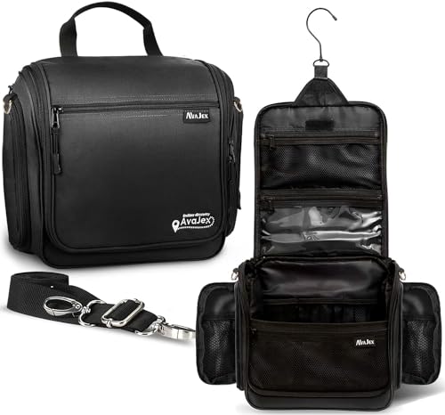 Extra Large (11.8”x11.8”x4”) Hanging Travel Toiletry Bag for Men and Women - Cosmetic Travel Bag With Shoulder Strap - Waterproof Hygiene Bag with Metal Swivel Hook and 19 Compartments for Toiletries - color: XXL Jet Black