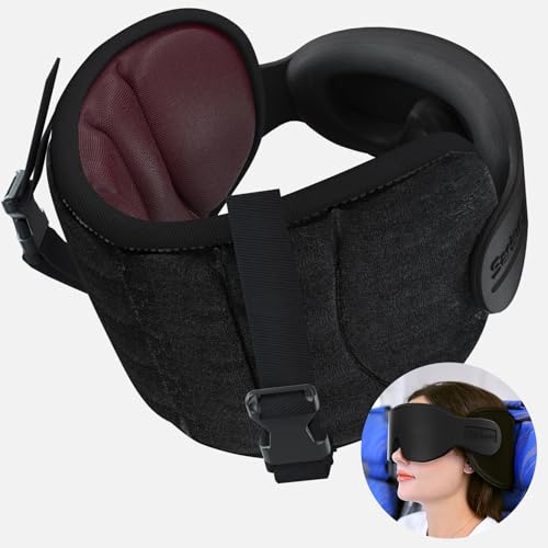 SARISUN Travel Pillows for Airplanes, Airplane Pillow for Long Flight, Airplane Head Strap with Sleep Eye Mask, 360° Support Headrest for Car Road Trip, Stop Bobblehead Travel Essentials, Red - color: Sangria Red