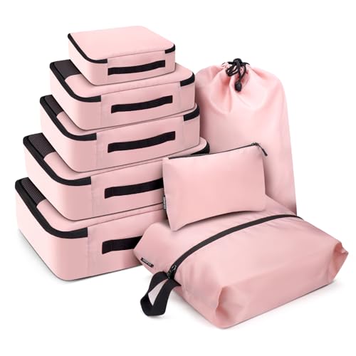 SDGFUI 8 PCS Compression Packing Cubes for Travel Women, Compression Bags Organizer for Luggage Space Saving Travel Essentials and Carry on, Luggage Organizer Bags for Suitcase - Pink - color: Pink, size: 8 Set
