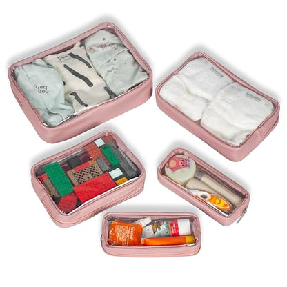 Remobia Hicol TSA Approved 5-Piece Diaper Bag Organizer Pouch Set Clear Waterproof TPU Kids Toiletry Storage Set Travel Packing Clutch Cube Bags for Baby Nursing (Light Pink Leather) - color: Light Pink Leather
