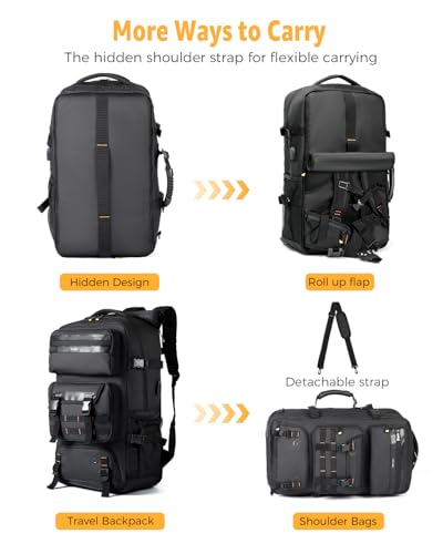 Ponhog Travel Backpack for Men, 50L Carry On Flight Approved Convertible Duffle Bag with Shoe Compartment, 17 inch Laptop Luggage with USB Charging Port for Weekender Hiking, Black - color: Black