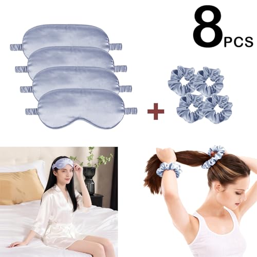 Satin Eye Mask 8Pcs Silk Sleep Masks Silky Blindfold Eyeshade Blackout Eyes Cover Scrunchies Hair Ties Travel Wedding Gifts - color: Dusty Blue
