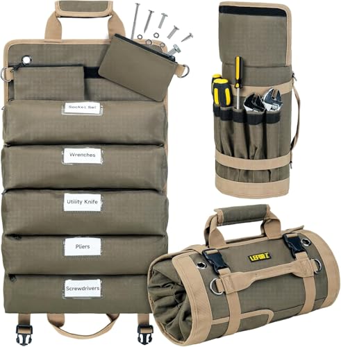 Tool Bag,Large Roll Up Tool Bag Organizer,13 Pockets Tool Roll Storage Pouch,Heavy Duty Portable Tool Storage Carrier Bag for Men,Mechanic,Electrician,Valentines Day Gifts for Men,Olive Green - color: Olive Green