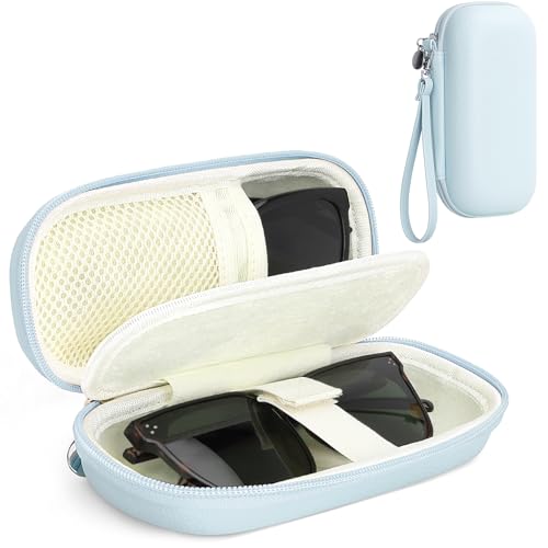 Double Glasses Case for Women Men, Dual Eyeglass Travel Organizer with Wristband - color: Blue