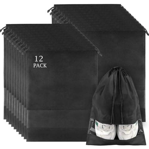 12 Pack Large Shoe Bags for Packing with Clear Window, Dustproof Drawstring Travel Shoe Storage Bags for Men & Women, Black - color: Black