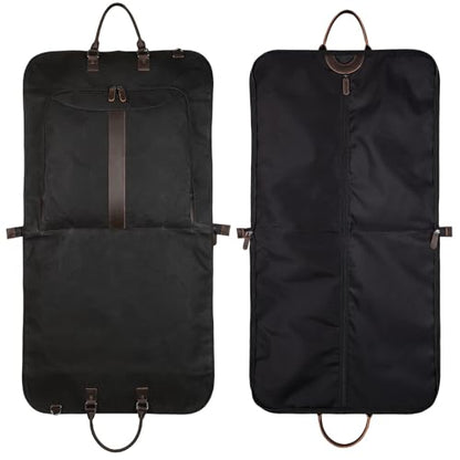 Polare Waxed Canvas Full Grain Leather Trim Garment Carry On Bag for Travel, Foldable Hanging Suitcase Weekender Dust-Proof Garment Waterproof Cover with YKK Zipper and Adjustable Strap (Black) - color: Black