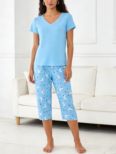 YIJIU Women Soft Comfy Pajamas Cute Cat Short Sleeve Capri Pants PJS Set - color: Blue Moon, size: Large