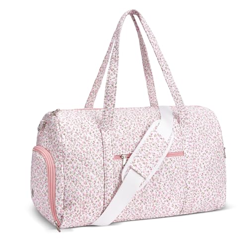 Gym Bag for Women, Cute Duffle Bag, Quilted Duffle Bag for Travel, Floral Duffle Bags, Weekend Bag with Zipper Pocket Dance Bag Organizer - color: B-Pink floral print