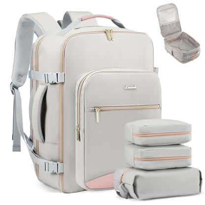 LOVEVOOK 40L Travel Backpack Flight Approved Carry on Backpack,3 Packing Cubes,Waterproof Personal Item Travel Bag,TSA Carry on Luggage Suitcase Travel Essentials,Gifts for Women & Men,fits 17" Laptop - color: A-light Gray-pink, size: Large-40L-4Pcs