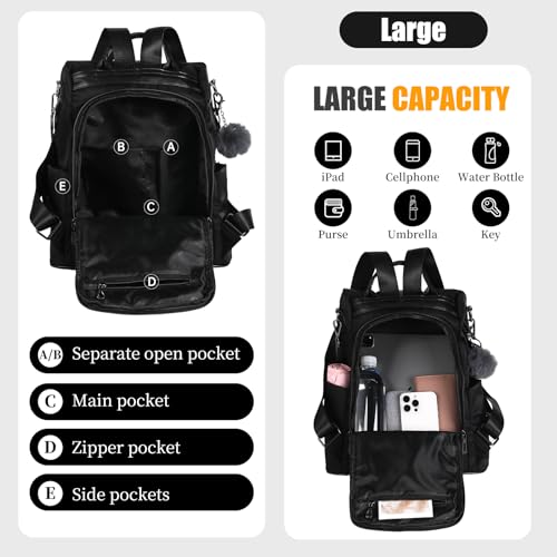 PINCNEL Women Backpack Purse Waterproof Nylon Anti-theft Rucksack Lightweight Shoulder Bag - color: Black, size: Large