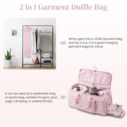 S-ZONE Garment Duffle Bags for Travel Carry on Convertible 2 in 1 Suit Bags Hanging Suitcase with Toiletry Bag 50L - color: Pink