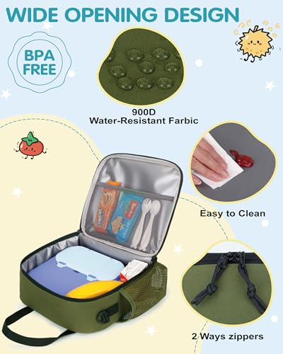 Tactical-style Lunch Bag 5L Kids Lunch Bag with Adjustable Shoulder Strap Easy to Clean Leakproof Wipeable liner Toddler Lunch Box Bag for Boys Girls School and Daycare - color: Green