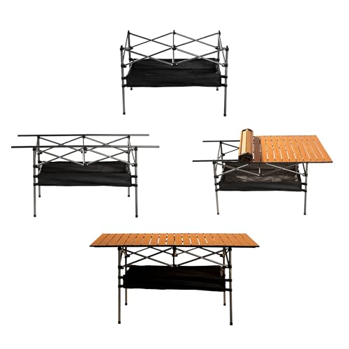 Outdoor Folding Table, 7.93LBS Ultralight Camping Table with Built-in Storage & Carry Bag, 225LBS Heavy Duty Aluminum Tabletop Carbon Steel Frame for Camping, Picnic, Beach, BBQ - color: Wood
