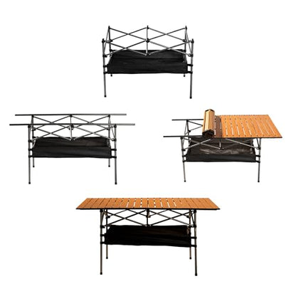 Outdoor Folding Table, 7.93LBS Ultralight Camping Table with Built-in Storage & Carry Bag, 225LBS Heavy Duty Aluminum Tabletop Carbon Steel Frame for Camping, Picnic, Beach, BBQ - color: Wood