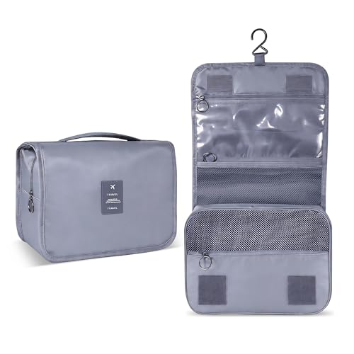 Portable Hanging Toiletry Bag for Travel, Small Multifunctional Makeup Cosmetic Bag for Women, Waterproof Travel Toiletries Organizer, Shower Bathroom Pouch with Hook for Gym, Camping, Business Trips - color: Grey