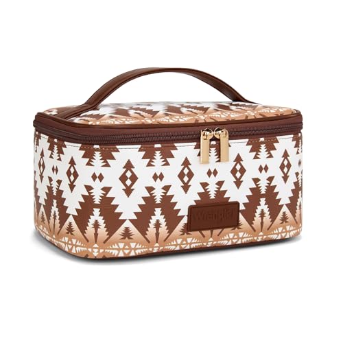 Montana West X Wrangler Travel Makeup Bag 2pcs Set Large Cosmetic Bag with Makeup Brush Holder Portable Make Up Organizer Cute Toiletry Bag with Divider and Handle for Women Aztec - color: Aztec-Coffee