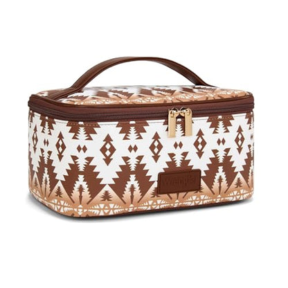 Montana West X Wrangler Travel Makeup Bag 2pcs Set Large Cosmetic Bag with Makeup Brush Holder Portable Make Up Organizer Cute Toiletry Bag with Divider and Handle for Women Aztec - color: Aztec-Coffee