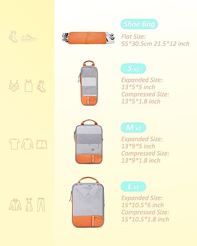 BAGSMART 6 Set /4 Set/2 Set Compression Packing Cubes for Travel, Lightweight Luggage Organizer Bags, Durable Space Saver Bags Travel Essentials - color: Sunset Orange, size: Set of 6