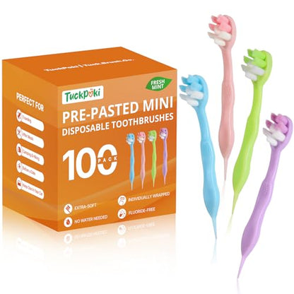 100-Pack Pre-Pasted Mini Travel Toothbrushes, Individually Wrapped Bulk Pack, Disposable Toothbrushes with Toothpaste, Waterless Single-Use Extra Soft Bristle for Adults, Travel & Braces - size: 1 Count (Pack of 100)