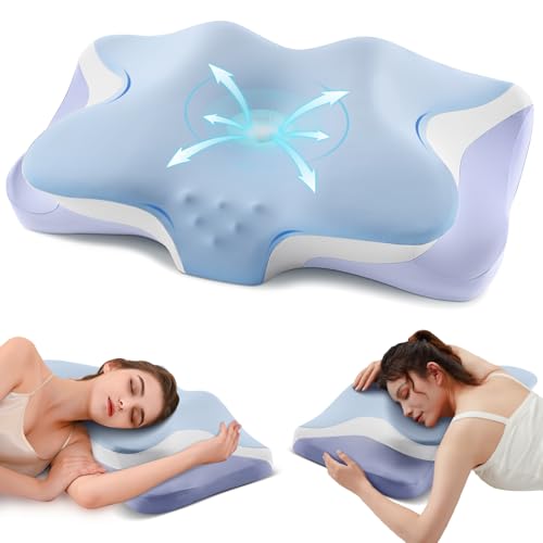 Cervical Pillow for Neck Pain Relief - Cooling Ergonomic Memory Foam Pillows for Sleeping, Contour Neck Support Pillow for Side, Back, Stomach Sleepers with Anti-pilling Pillowcase Queen Size-Ice Blue - color: Ice Blue
