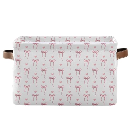 Wamika Pink Ribbon Bow Storage Basket with Waterproof Liner and PU Handles White Bow Tie Cute Storage Bins Boxes 14.2" Collapsible Decorative Organizer Baskets for Bedroom Closet Office 1 Pack - color: Pink bow, size: 1 Pack