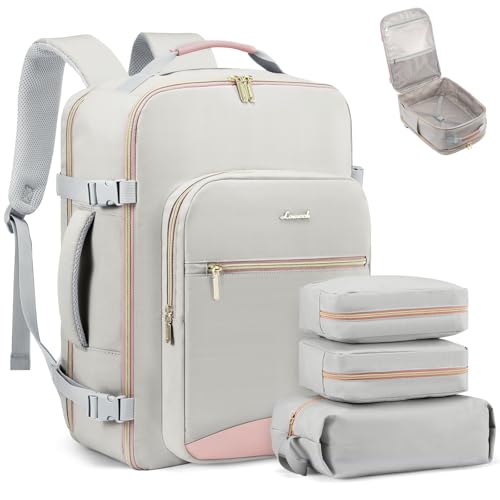 LOVEVOOK 50L Travel Backpack Flight Approved Carry on Backpack,3 Packing Cubes,Waterproof Personal Item Travel Bag,TSA Carry on Luggage Suitcase Travel Essentials,Gifts for Women & Men,fits 18" Laptop - color: A-light Gray-pink, size: X-Large-50L-4Pcs